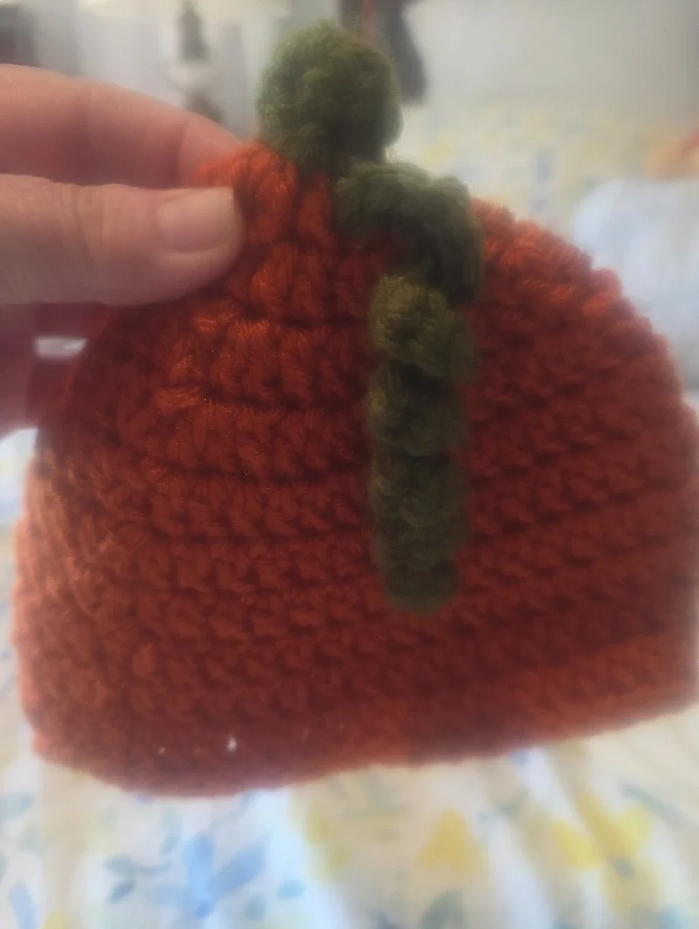 Handmade Crochet Newborn Pumpkin Beanie - Orange with Green Stem